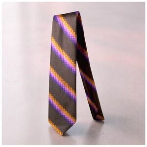 Bijan Handcrafted Silk Tie – Italy – Brown, Purple, Gold Stripes